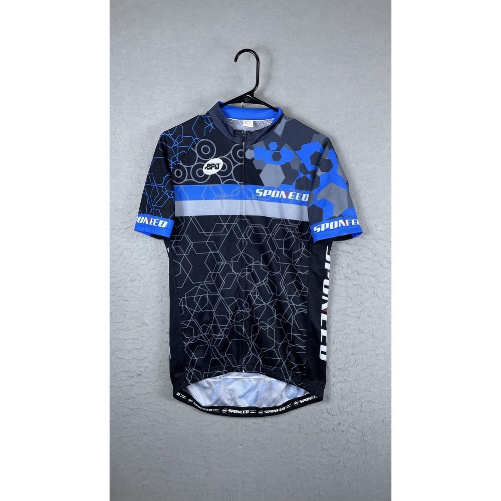 Sponeed Cycling Jersey‎ Mens Large Black Blue Full Zip Short Sleeve Geometric